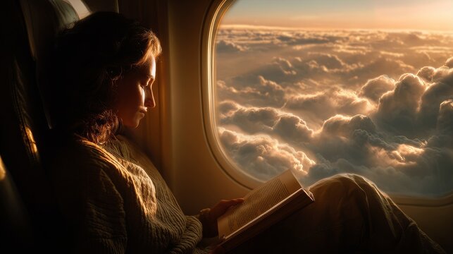 A woman on a plane reads a book, illuminated by golden sunlight streaming through the window, overlooking a sea of clouds