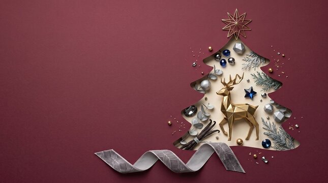 Christmas tree silhouette with reindeer and baubles on burgundy background with ribbon