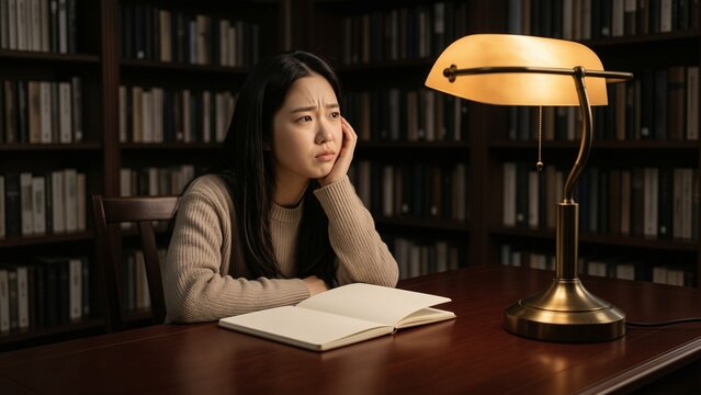 Education - A young Asian woman looks troubled and stressed while studying in a library at night