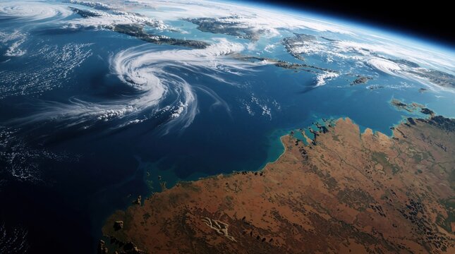 Planet Earth rotates in cosmos showing Australia continent and ocean. Storms swirl in atmosphere above blue sea. Sunlight illuminates clouds over land and water.