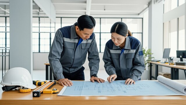 Architecture - Asian male and female engineers reviewing blueprints on site
