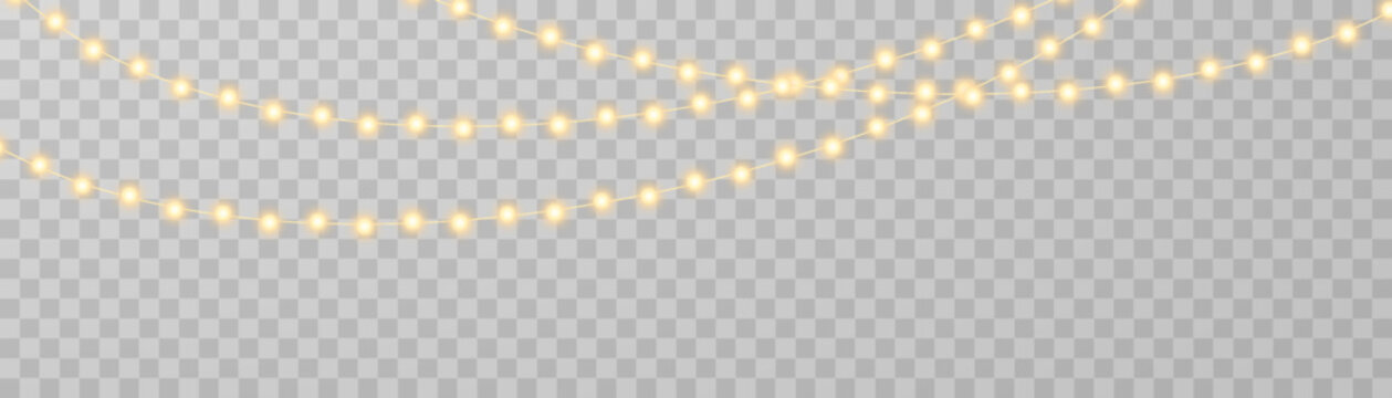 Yellow warm string lights garland strands with glowing bulbs and bokeh dots along the top edge on checkered background.