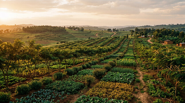 Wide landscape of terraced fields with mixed crops and trees at sunset. Agroforestry and permaculture concept for sustainable regenerative agriculture