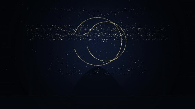 Golden particles coalesce into a circular logo reveal against a dark blue backdrop