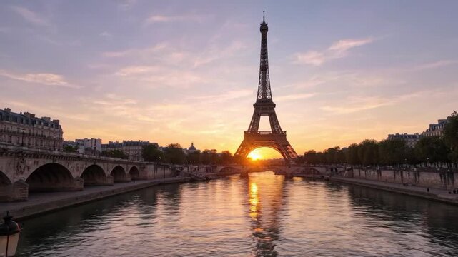 Eiffel Tower stands over Seine River at dawn with reflections in the water