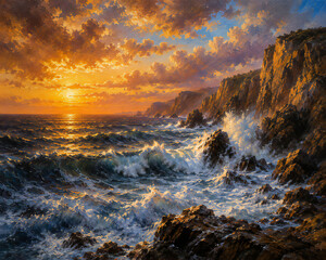 Fototapeta premium oil art sunset over the ocean