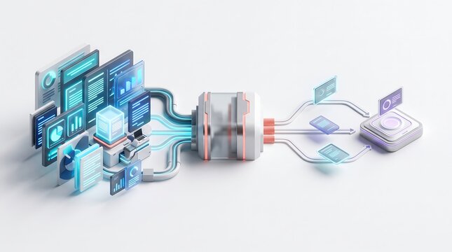 Modern data processing hub connecting cloud servers, analytics dashboards, and storage devices for enterprise IT infrastructure