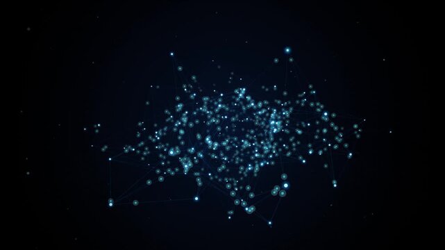 Blue particles converge and expand into a complex network against a black background