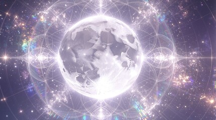 Fototapeta premium Ethereal full moon glows in cosmic space with sacred geometry lines. Magical celestial background features sparkling stars, nebula clouds, spiritual energy patterns. Divine lunar light creates