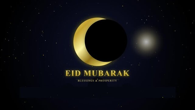 Golden crescent moon shines above a dark blue background with eid mubarak text