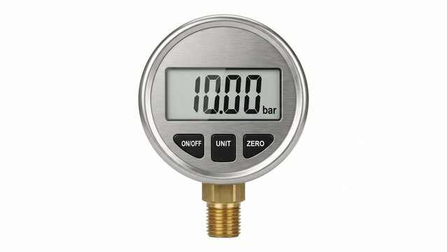 Front view of an industrial digital pressure gauge reading 10.00 bar isolated on pure white background for engineering asset