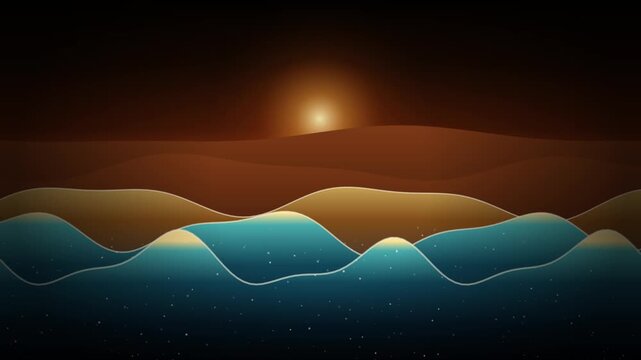 Golden light illuminates rolling waves and sand dunes in a scenic landscape ocean