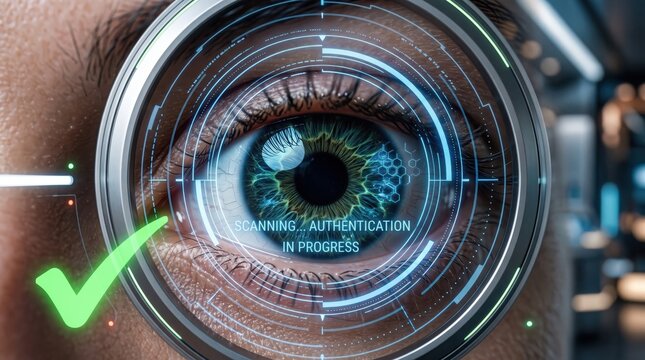 Human eye undergoing a digital biometric scan with a green checkmark indicating successful authentication.
