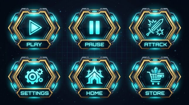 Futuristic sci-fi game interface buttons with play pause attack settings home and store icons