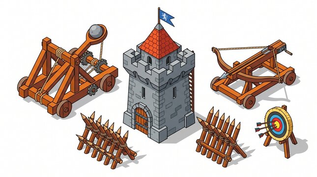 Medieval siege weapons and castle tower illustration for game development and educational materials