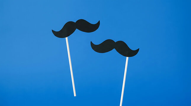 Two Black Paper Mustaches on Wooden Sticks Props Isolated on Bright Blue Background