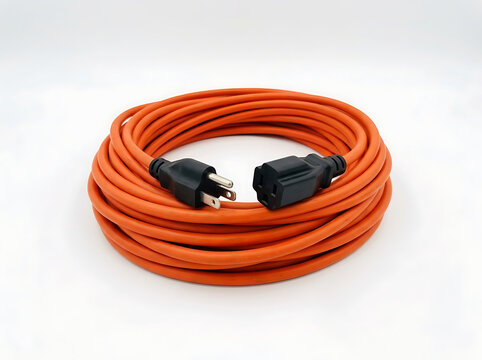 Coiled Heavy Duty Orange Extension Cord Cable with Plugs Isolated on White Studio Background