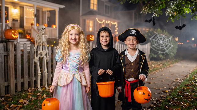Three children in princess, ninja and pirate costumes trick or treating with pumpkin buckets outside a spooky Halloween decorated house