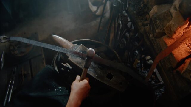 Blacksmith Hammering Metal on Anvil Beside Glowing Forge
