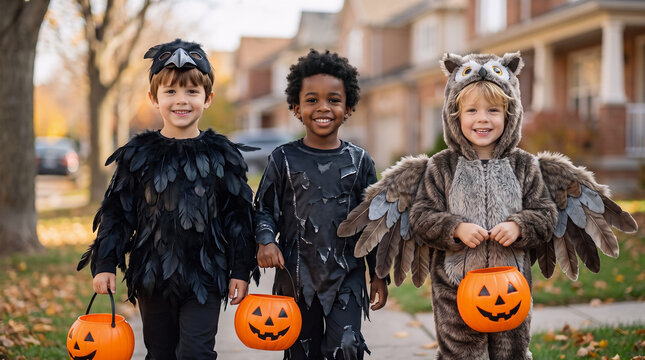 Three children in raven, bat and owl costumes with feathered wings carrying pumpkin buckets while trick or treating on Halloween
