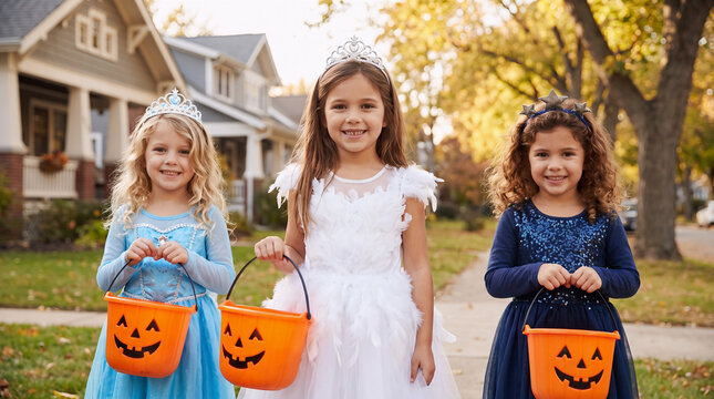 Three girls in princess, angel and fairy costumes with tiaras and wings carrying pumpkin buckets while trick or treating in autumn