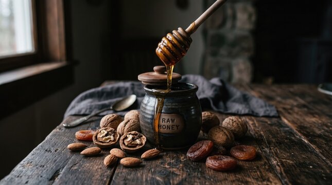 Honey dipper drizzling raw honey into a dark ceramic pot surrounded by walnuts and dried apricots on rustic wood