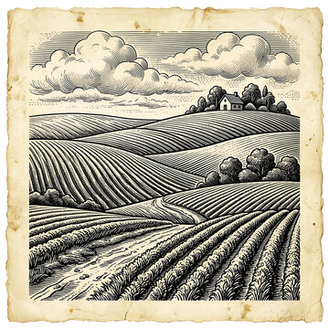 Vintage Linocut Woodcut Illustration of Rolling Agricultural Farm Fields and House