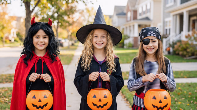 Three girls in devil, witch and pirate costumes carrying pumpkin buckets while trick or treating in a suburban neighborhood on Halloween