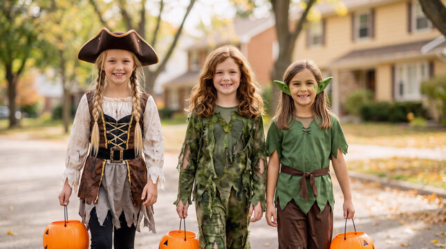 Three girls in pirate, woodland elf and Robin Hood costumes carrying pumpkin buckets while trick or treating outdoors in an autumn neighborhood