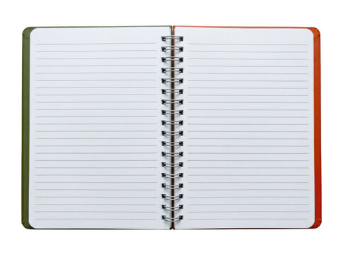 Open spiral notebook with multicolored covers and lined paper isolated on transparent background
