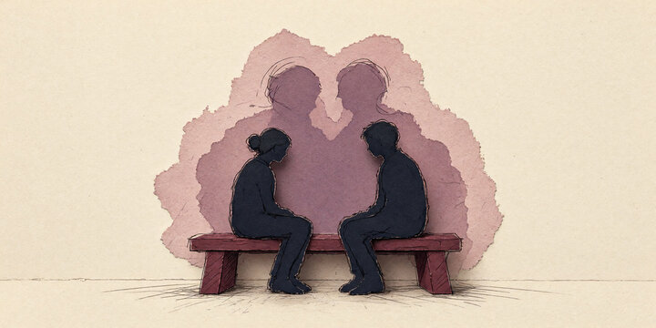 Couple sitting apart on a bench in silence. Paper cutout illustration of relationship crisis, emotional distance, and communication breakdown concept