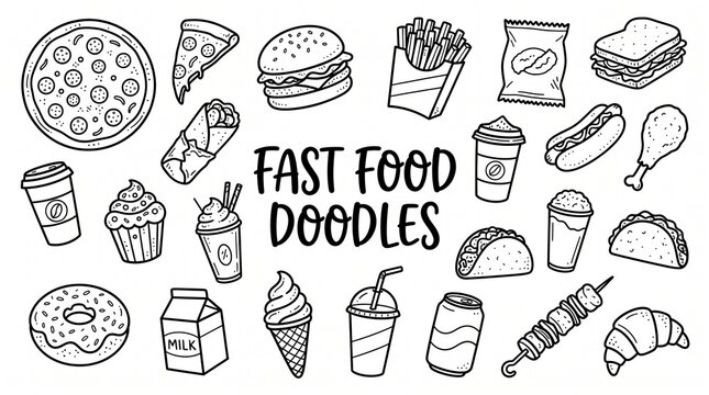Hand drawn fast food icons featuring delicious pizza burger fries and snacks in black white style