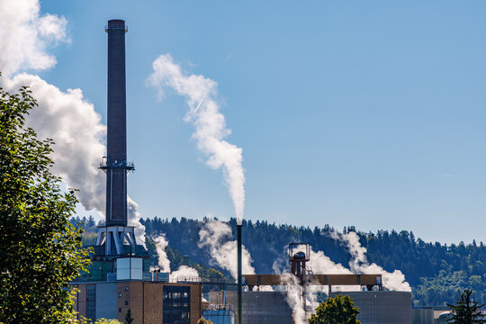 Tall industrial smokestack and factory emitting white steam smoke against clear blue sky with green forest in background, industrial emissions and air pollution concept