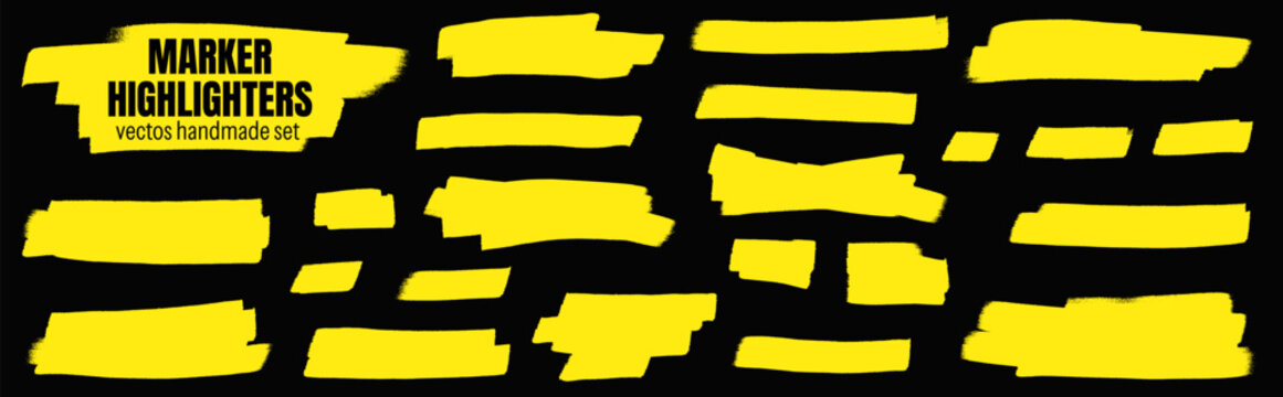 Note brush marker set with yellow rough strokes. Thick felt tip bars in short and long highlighted rows. Bold vector collection for classroom notes or poster headings or sale banner tag and label