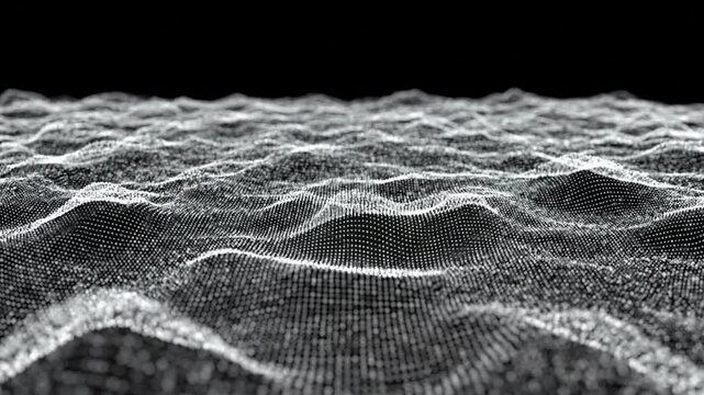 Digital abstract landscape motion footage showing white glowing particle waves rising and falling smoothly in a deep black infinite space