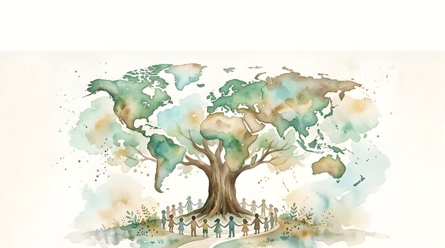 Watercolor world unity tree people environmental illustration
