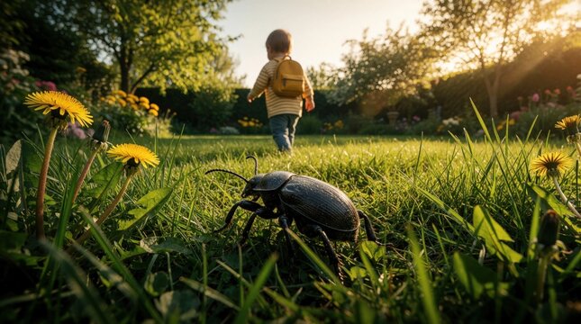 Little child walks on green grass unaware of large black near. Golden hour light illuminates garden scene with flowers. Danger lurks unseen during outdoor play.