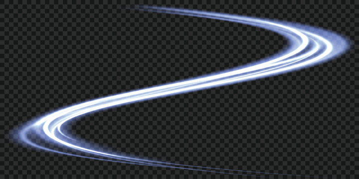 A bright blue light trail with a glowing stream of neon line effect and highlights, a vector graphic isolated on a transparent background.