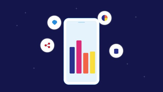 Animated phone with colorful bar graph and icons