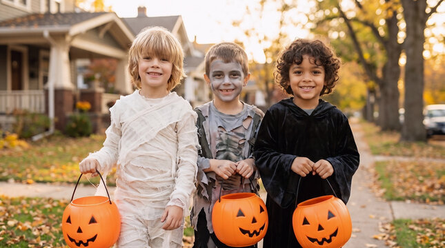 Three boys in mummy, zombie and vampire costumes carrying pumpkin buckets while trick or treating in an autumn suburban neighborhood on Halloween