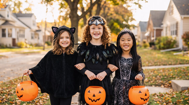 Three girls in black cat, raven and gothic witch costumes carrying pumpkin buckets while trick or treating in an autumn suburban neighborhood