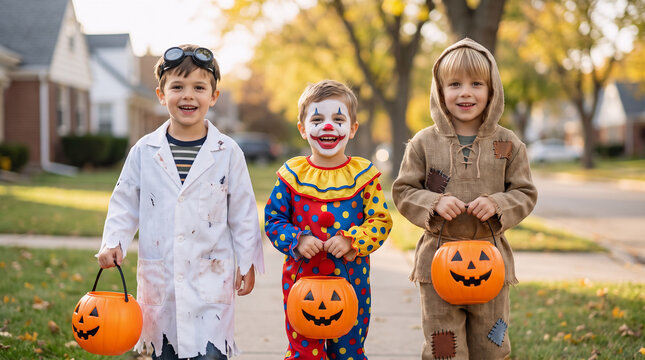 Three boys in mad scientist, clown and scarecrow costumes carrying pumpkin buckets while trick or treating in a suburban neighborhood on Halloween