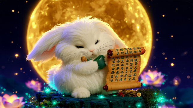 Cute 3D illustration of white jade rabbit holding traditional Chinese scroll under glowing full moon