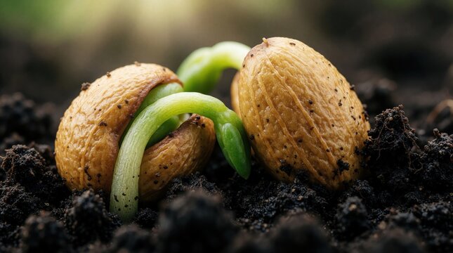 Seedlings sprout from soil, new life emerges from seeds. Tiny green shoots grow from brown earth, signifying beginnings. Macro view shows plant development.