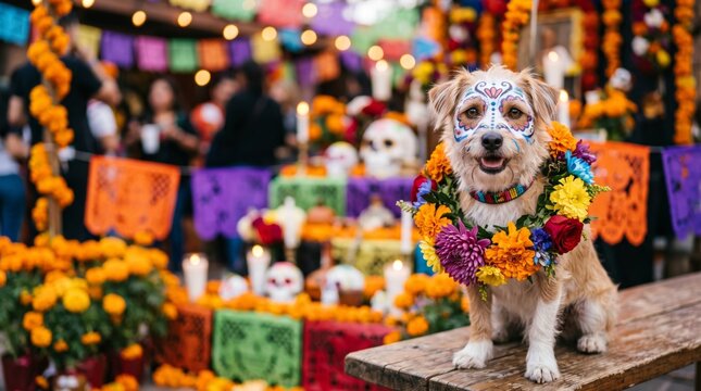 Festive dog with colorful floral wreath and painted face at a vibrant Day of the Dead altar celebration