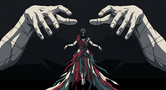 Puppet Master Hands, giant arms controlling small marionette figure draped in tattered gown
