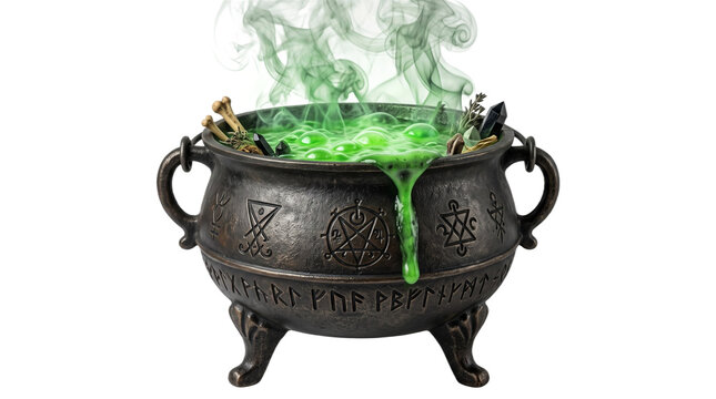 Witches cauldron isolated on transparent background, glowing green magic potion with magical symbols and smoke witch cut out cutout png halloween spell alchemy sorcery boiling bubble crystal runes