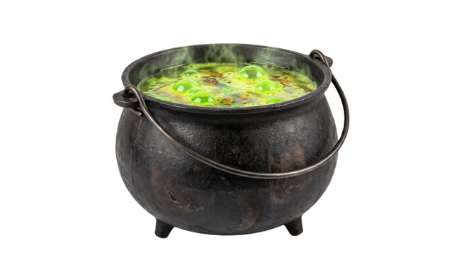 Witches cauldron isolated on transparent background with boiling green potion and bubbles cutout graphic witch magic halloween black iron metal steaming liquid smoke alchemy spell wizard sorcery