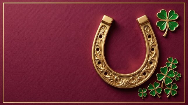Golden horseshoe with shamrocks on a textured maroon background with decorative border