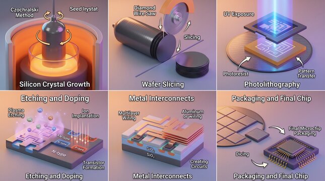 Silicon Crystal Growth Process Illustration. Wafer Slicing, Photolithography, and Final Chip Packaging Design